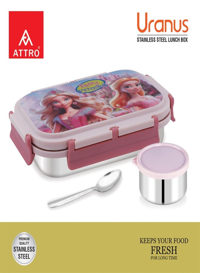 Attro Uranus Stainless Steel Lunch Box with 1 Small Container & Spoon Eyecatchy Fairy Princess Print BPA Free Food Grade, (700ml+160ml)- Pink - Image 5